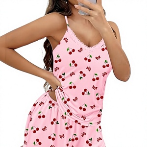 Pink Cherry Print Knitted Sleep <b>Romper</b> <b>Women</b> Sleeveless Halter Casual Summer Shorts Set Soft Spandex Cotton Pajamas - Product Image 3