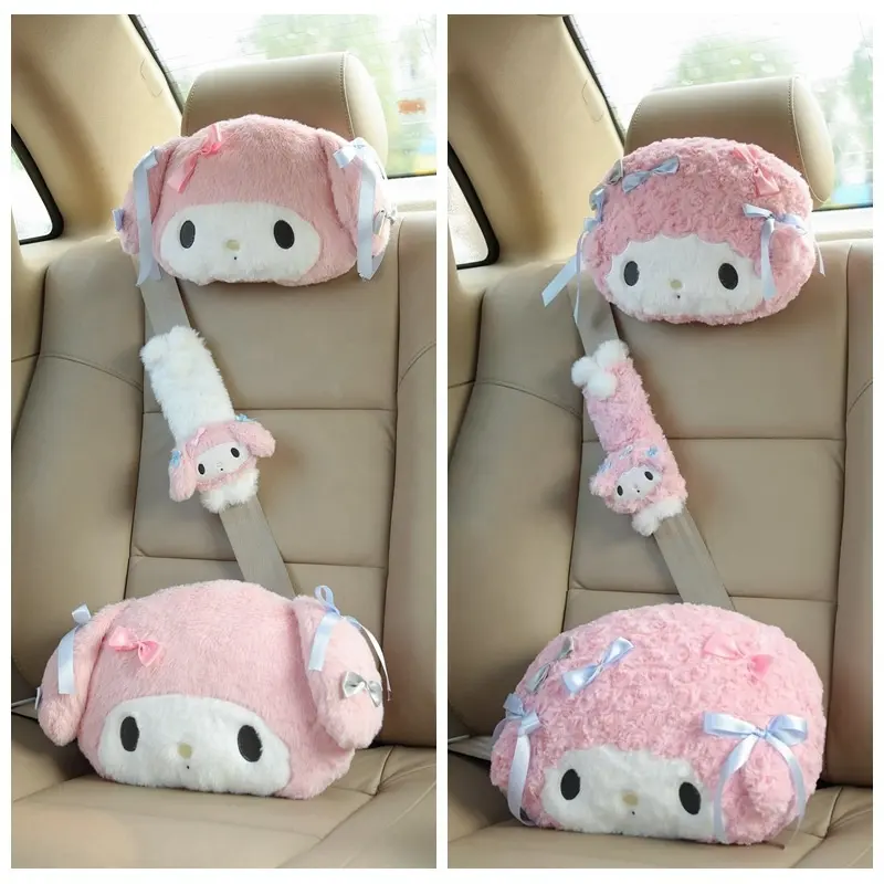 Cute My Melody asiento de coche reposacabezas funda de cinturón de seguridad Kawaii suave y cómodo cojín trasero almohada manta regalos de navidad Niña