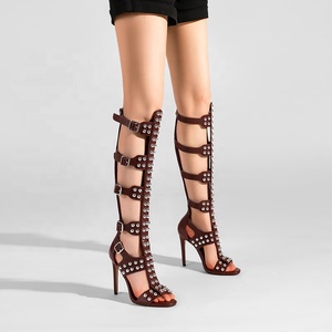 Sandali da <span class=keywords><strong>donna</strong></span> Moncheer sexy con tacco a spillo, stile gladiatore, alti fino al ginocchio, con punta aperta, borchie e cinturini con fibbia, antiscivolo, per danza a piedi nudi - Product Image 3