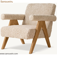 Ensemble de salon moderne en chêne avec canapé 3 places en tissu, fauteuil d'appoint en polaire Teddy et table basse en bois massif