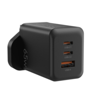 Chargeur rapide certifié UKCA GaN 65W PD3.0/QC3.0, prise UK, 3 ports (2C1A), design compact pour smartphones, ordinateurs portables, tablettes