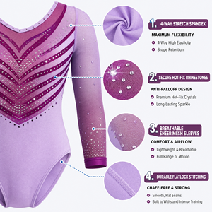 Justaucorps de gymnastique personnalisés OEM à manches longues, ornés de strass en cristal, pour la compétition, en Spandex et Polyester, uniformes d'équipe de club, vente en gros - Product Image 2
