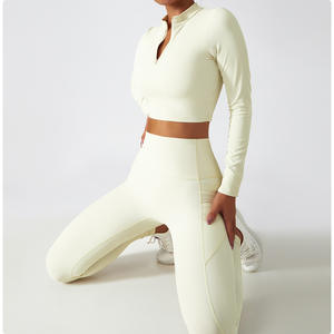 Yüksek Kaliteli Hafif Kadın Sporcu Yeleği Fermuarlı Spor Atleti Dolgulu Yoga Crop Top Uzun Kollu Yüksek Bel Yan Cepli Koşu Takımı - Product Image 4