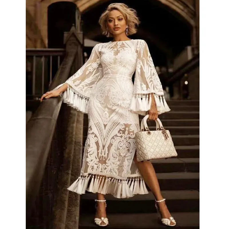Free Shipping Middle East Embroidery new 2019 product flare sleeve long lace casual dress for women with Tassels