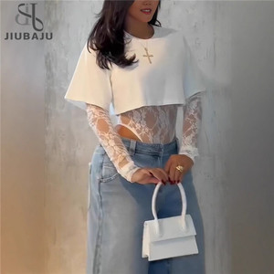 Top Corto Sexy alla Moda + Body a Maniche Lunghe in Pizzo Jacquard per Donne, T-Shirt Aderente Street Style per Ragazze - Product Image 1