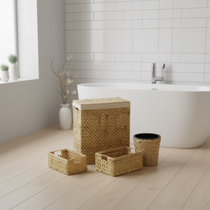 Set da bagno 4 pezzi in giacinto d'acqua beige, fibra naturale, rettangolare, minimalista, per l'organizzazione del bagno - Product Image 2
