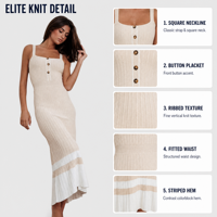 Robe midi côtelée pour femme FNJIA, beige, col carré, bretelles spaghetti, ourlet rayé, impression personnalisée, fournisseur de tricots OEM