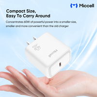 Chargeur GaN Miccell 60W avec port USB-C et technologie de charge rapide PD comme adaptateur mural universel pour iPad et smartphones