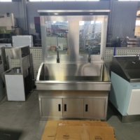 Station d'hygiène double poste en acier inoxydable avec miroirs LED et robinets à capteur pour usine de transformation alimentaire moderne