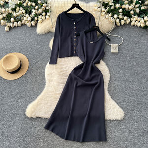 ชุดเสื้อคาร์ดิแกนถัก2ชิ้นหรูหราสำหรับผู้หญิงชุดเดรสยาวแขนกุดชุดสำนักงานลำลองฤดูใบไม้ร่วงฤดูหนาว - Product Image 3