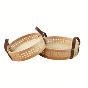 Oem & ODM có sẵn trực tiếp nhà sản xuất làm bằng tay mây + Lưu trữ bằng gỗ Giỏ bánh mì trái cây rau khay với da xử lý - Product Image 5