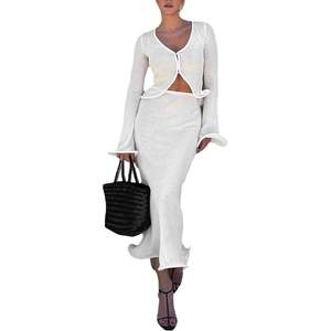 Ensemble 2 pièces personnalisé 2026 pour femme : Haut court à col en V et jupe longue sirène extensible, style plage, design ajouré - Product Image 2