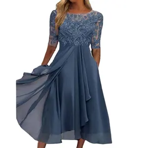 Customized Chiffon Spliced Lace Hollow Long Dress Bridesmaid Evening Dress Made in China Women's Clothing