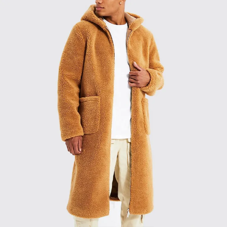 Winter lamb wool overcoat custom long sleeve zipper fly sherpa long coats mens casual