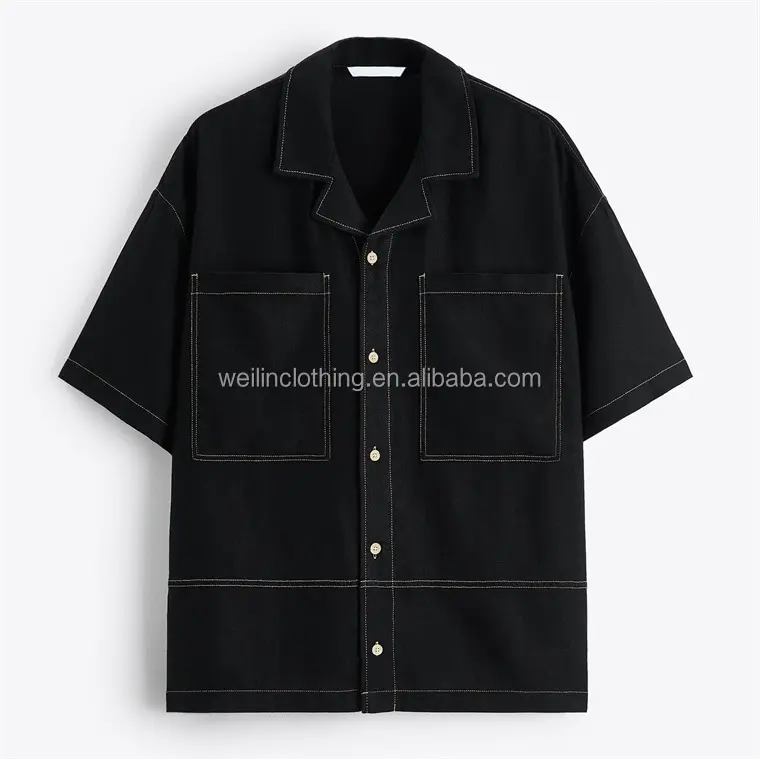 男性用のカスタム通気性コットンコントラストステッチ半袖亜麻リネンシャツ