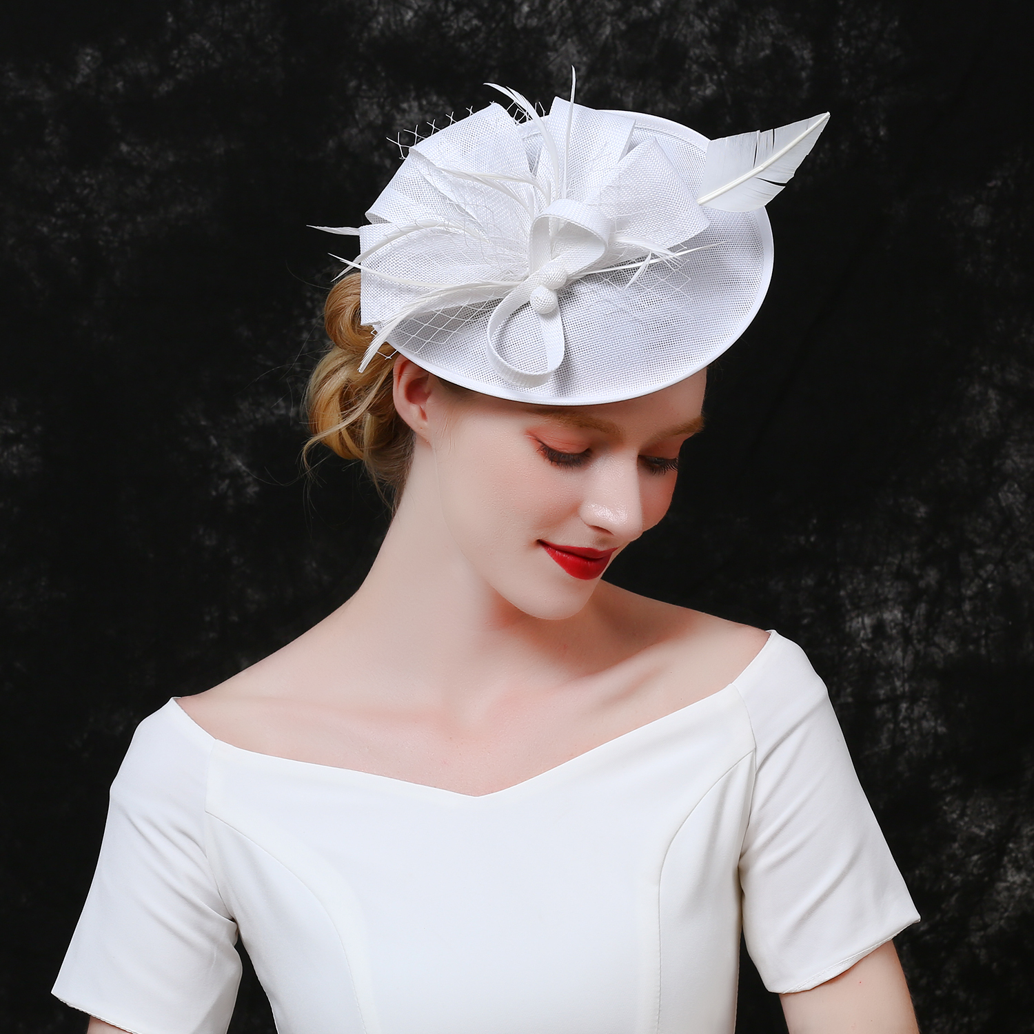 White Rhinestone Feather Mesh Bow Organza Dressy Kentucky Derby Church Hat Women SF05( White ) Kentucky Derby Hat, Church Hat, Wedding Hat  main image 3