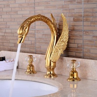 Robinet de lavabo en forme d'animal à col de cygne, 3 trous, luxe, double poignée, laiton, lavabo de salle de bain, finition dorée, robinets de cygne