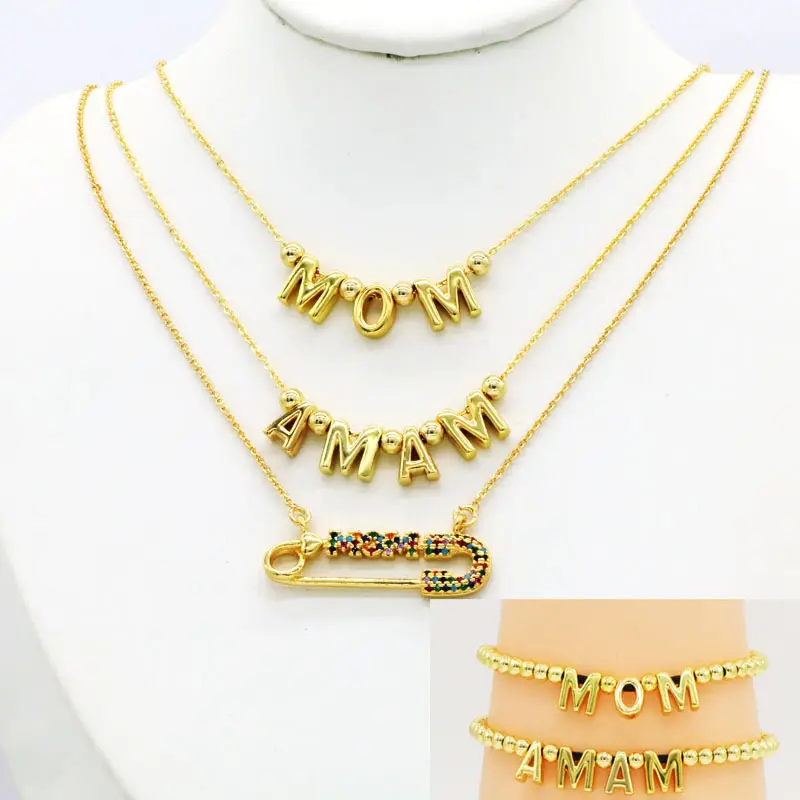Bracelet de perles de maman plaqué or 18 carats, 2 pièces/ensemble, lettre incrustée de Zircon, collier perlé de maman, ensemble de bijoux pour mère