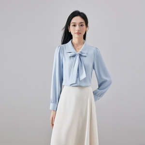 White Bow Blouse Women Long Sleeve Solid Color Office Shirt <b>Polyester</b> Poplin Formal Wear Commute Interview Top - Product Image 3