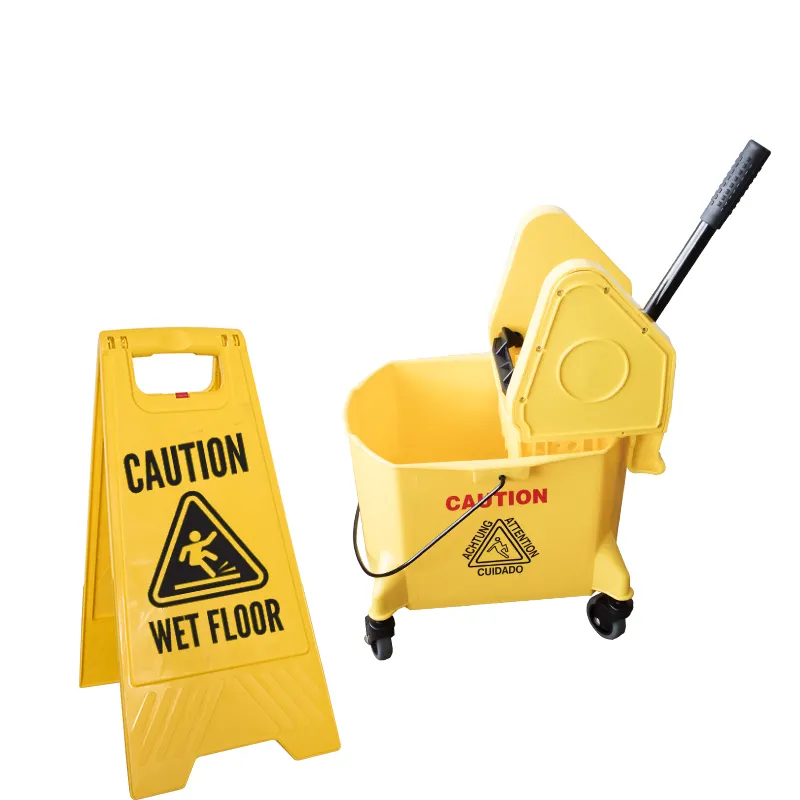 30L volume Mop bucket with side press wringer, Squeezing bucket floor cleaning system with no slip wheels, Yellow