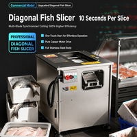Trancheuse diagonale commerciale pour poisson, découpe multi-lames manuelle et synchronisée, épaisseur réglable pour la transformation des aliments aquatiques.