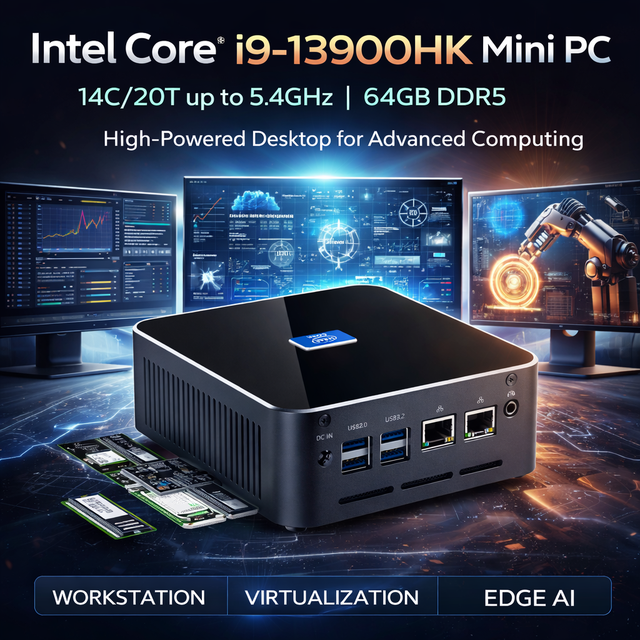 Zkmagic I9-13900HK Mini PC 14C 20T up to 5.4GHz 64GB DDR5 Dual 2.5G LAN Workstation for Virtualization 8K Quad Display HD