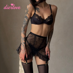 Lingerie de luxe noire en dentelle florale avec soutien-gorge à armatures, jupe peplum à volants et jarretelles, taille haute, en maille transparente, sensuelle - Product Image 1