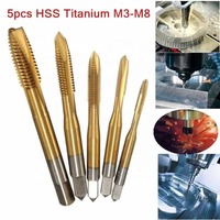 5 buah/set runcing ulir pembentuk keran dilapisi Titanium Hss metrik Spiral bergalur mesin sekrup Kit keran M3 M4 M5 M6 M8