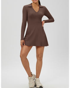 Baju Golf tenis wanita, baju Polo aktif atletik melar lengan panjang kerah V dengan saku bawaan, Gaun Golf Tenis Wanita - Product Image 5