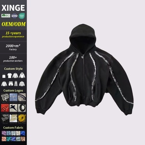 Fabricant de streetwear – Sweat à capuche zippé coupe ample style vintage personnalisé avec patch brodé, bords bruts, coupe régulière, motif géométrique, 100 % coton - Product Image 1