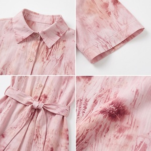 Pink Floral Print Natural Woven Breathable Casual Dress Shawl Collar Button Front Belted Midi Short Sleeve Women Dress - Product Image 4