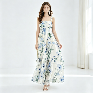 Robe longue florale pour femmes, sans manches, bretelles spaghetti, robe d'été décontractée, robe élégante pour la plage, robe fluide pour femmes - Product Image 1
