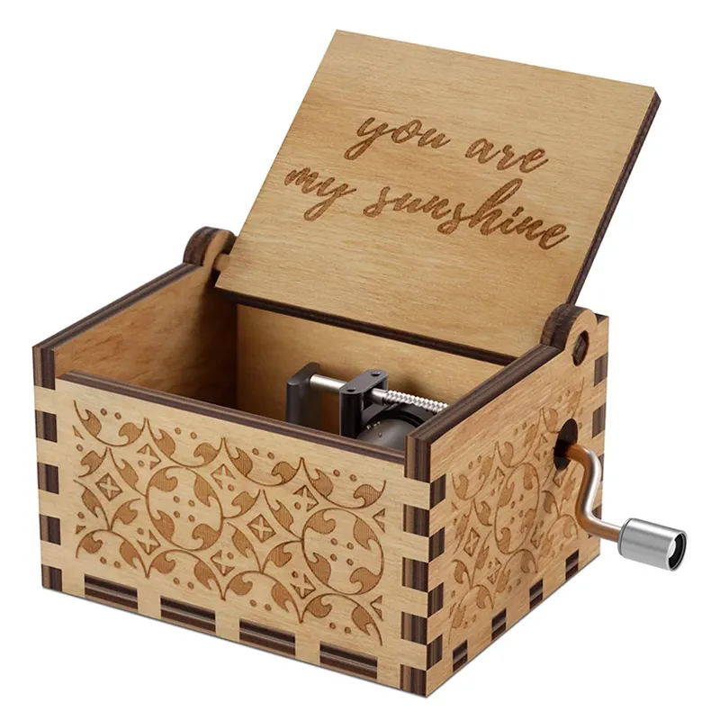 Music Box Hand Cranked Wooden You Are My Sunshine Laser Engraved Vintage Gifts for Birthday Christmas Valentine's Day Kids Wood