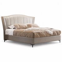 Luxuriöses Polsterbett mit Flügelkopfteil, Oberseite aus Leder, Cremeweiß, Moderne Schlafzimmermöbel, Nachttisch, Holzrahmen