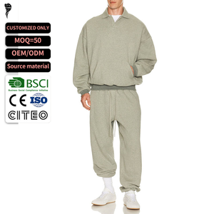 Streetwear Custom Heavy Fleece Lining Sweat Suits Polo Collar Men Soft Cotton Baggy Jogger <b>Set</b> - Product Image 1