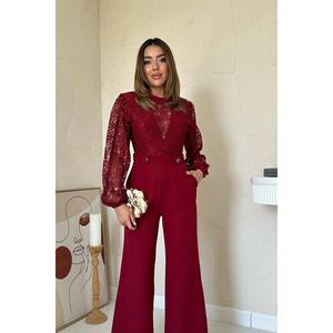 Elegante mono de encaje color borgoña para mujer, vestido de fiesta de cintura alta, manga larga con mangas abullonadas y cinturón en la cintura. - Product Image 2
