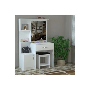 Tocador Blanco Novella con Espejo, Taburete Acolchado y Cajón con Estante, Mueble Minimalista para Dormitorio - Product Image 4