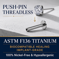 Aopo ASTM F136 Titane de qualité implantable, Stud labret sans filetage à tige plate, avec Zircon cubique en forme de cœur, pour piercing lèvre, hélix, conque, 16G