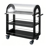 Chariot de service mobile noir pour aliments, desserts, fromages et pâtisseries, avec couvercle en acrylique et construction en acier et contreplaqué, pour hôtels et restaurants