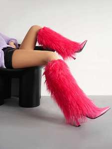 Meşgul kız H4612 diz yüksek Faux kürk çizmeler sonbahar kış kadın Faux tüy kürk püskül yüksek topuklu moğol kürk çizmeler üzerinde kayma - Product Image 5