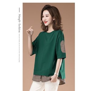 Women's Loose Fit Sweatshirt Black Grid <b>Patchwork</b> Asymmetric Design Plus Size Top For Summer Breathable Knitted Fabric - Product Image 4