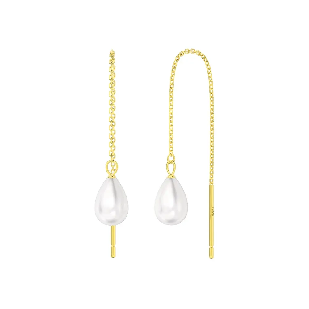 RINNTIN GPE75 Fashion Silver Jewelry 2023 Real Pearl Drop Earrings Zircon Link Chain Pendent Earrings Women Jewelry Freshwater