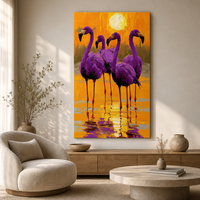 Peinture à l'huile sur toile peinte à la main 50x90cm, flamant rose violet au coucher du soleil, art mural texturé impasto pour la décoration du salon