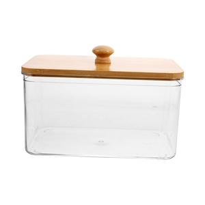 Organisateur de rangement pour salle de bain avec couvercle en bambou, transparent en PET avec couvercle en bois, vente en gros, export - Product Image 1