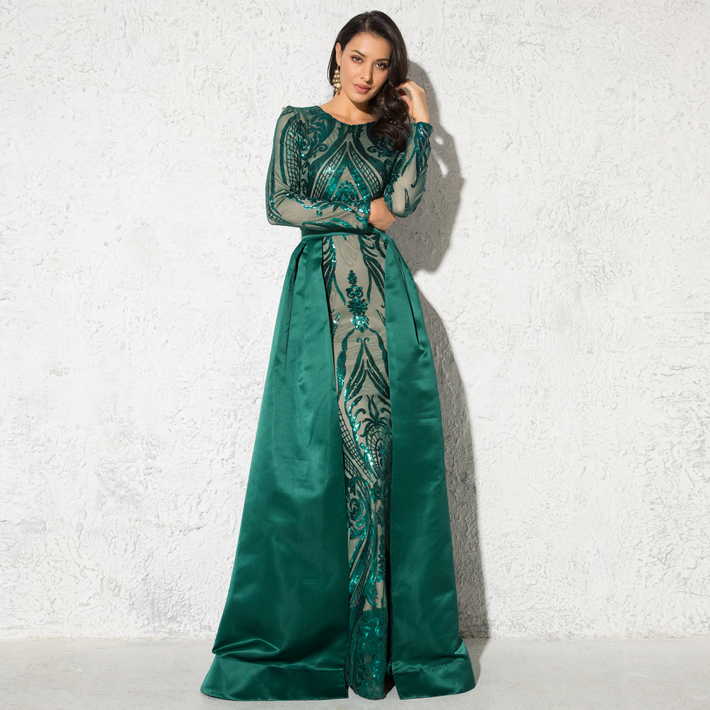 Зеленое платье с круглым вырезом, длинным рукавом и длинным рукавом, стрейчевое мусульманское вечернее платье со съемным шлейфом