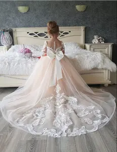 Vestido de princesa de primera comunión con lazos para niños, traje Formal de tul para fiesta de boda, bonito vestido de encaje rosa con flores, MF80