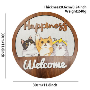 Circular Wooden Wall Sign With Cats Happiness Welcome <b>Home</b> <b>Decoration</b> <b>Rustic</b> Style - Product Image 2