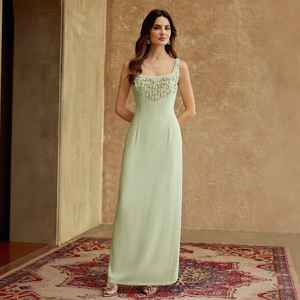 Robe longue plissée sans manches <span class=keywords><strong>vert</strong></span> menthe pour femme, col montant, taille empire, unie, décontractée, pour soirée, invitée de mariage ou fête - Product Image 3