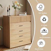 Commode compacte 5 tiroirs avec 6 tiroirs à façade ondulée, résistante aux rayures, grade E1, poignées métalliques, base.