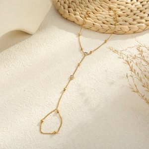 Summer <strong>Cute</strong> Hand Jewelry Heart Round Zircon Chain <strong>Bracelet</strong> with Finger Ring Women Gold Plated Stainless Steel Fine Jewelry - Product Image 4